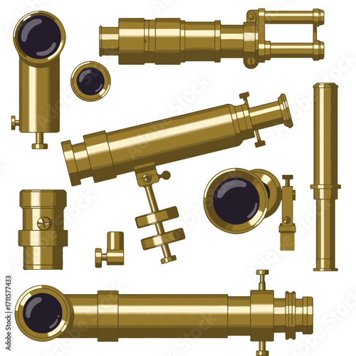 Illustration of antique brass telescope elements, presented in a scattered flat lay style