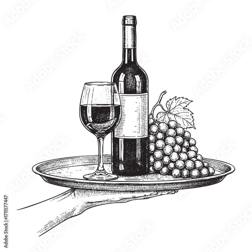 hand holds a round tray with a glass, a bottle of wine and a bunch of grape illustration vector style