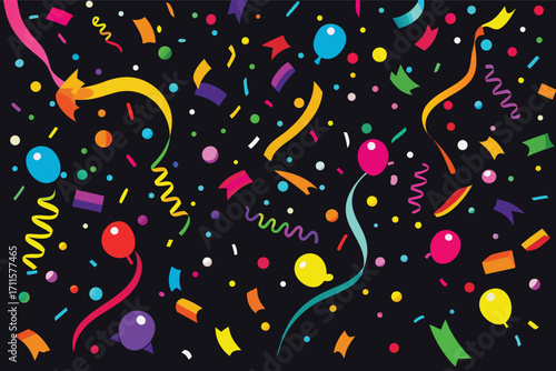 Colorful confetti and balloons create a festive atmosphere for a celebration or party event