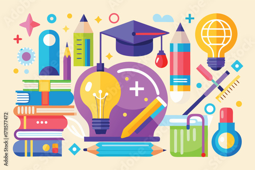 Colorful illustration featuring education tools and creative elements in a fun design