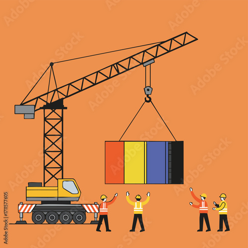 A team of enthusiastic construction workers celebrates the successful lifting and placement of a vibrant shipping container by a powerful industrial crane.