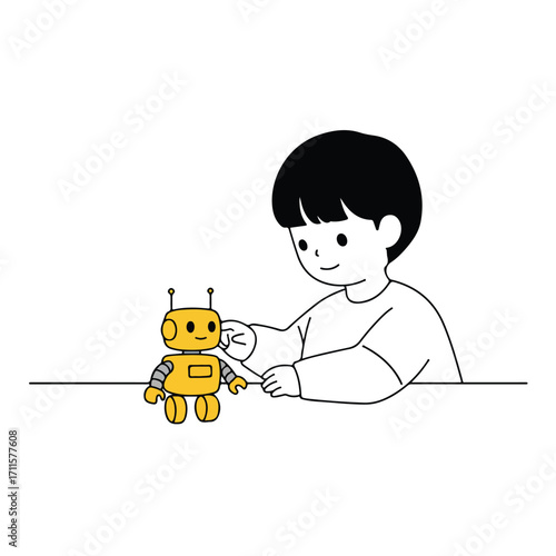 Child in minimalist outline plays with small yellow robot friend, set on a simple horizon line