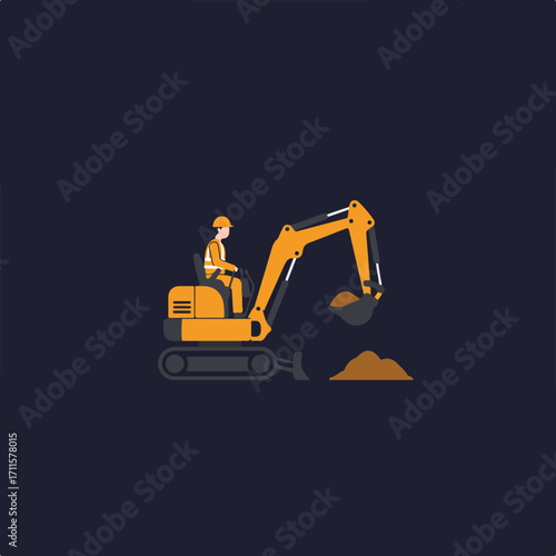 Illustrated construction worker operating a backhoe, moving dirt against a dark blue background
