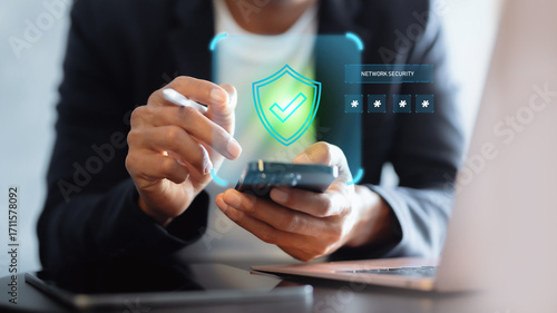 Wallpaper Mural Secure mobile payment with password protection and digital shield icon on smartphone. Online banking and e-commerce safety technology . Torontodigital.ca