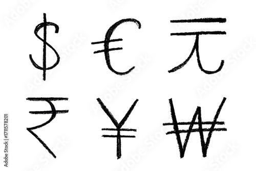 Hand drawn multiple currencies symbol set Dollar euro yuan yen won rupee