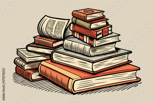 Collection of stacked books showcasing various colors and sizes on a neutral background