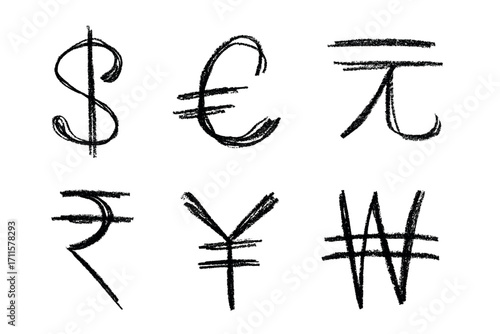 Hand drawn multiple currencies symbol set Dollar euro yuan yen won rupee