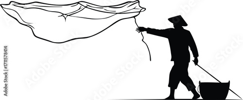 Silhouette of Fisherman Casting Net Vector