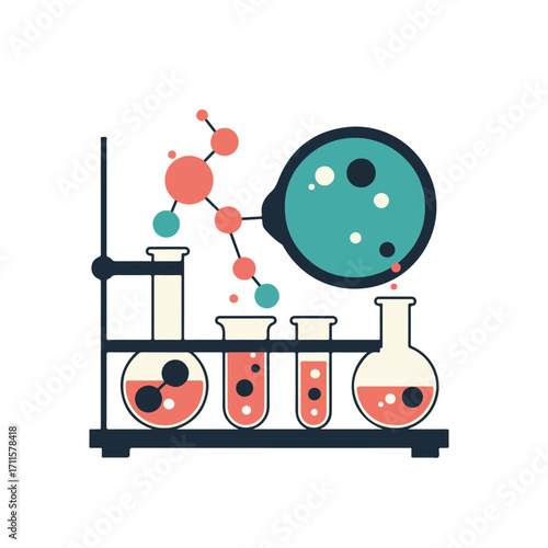 Illustration of test tubes, a flask, and a molecule in a scientific experiment setup