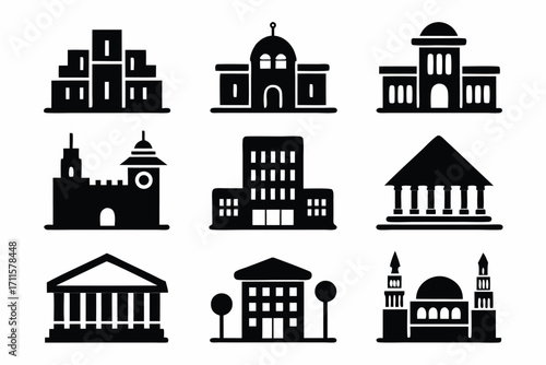 Collection of simple building icons showcasing various architectural styles and structures