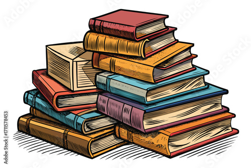Pile of colorful books stacked together on a white background showing different sizes and textures