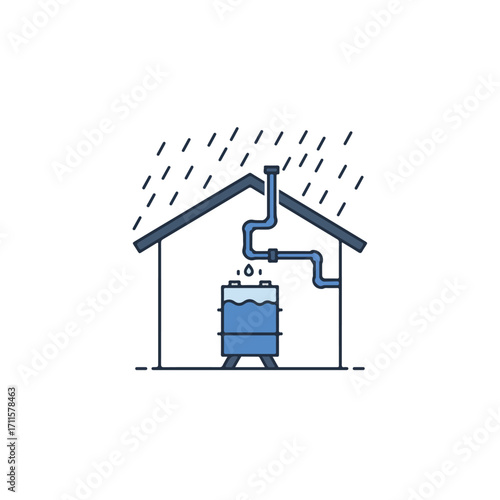 Water being collected in a barrel via pipes coming from the roof of the building during rain