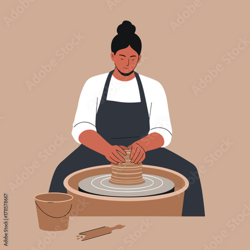A serene potter skillfully shapes clay on a wheel, wearing an apron, set in a neutral scene