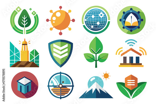 Collection of colorful icons representing nature, sustainability, and environmental protection concepts