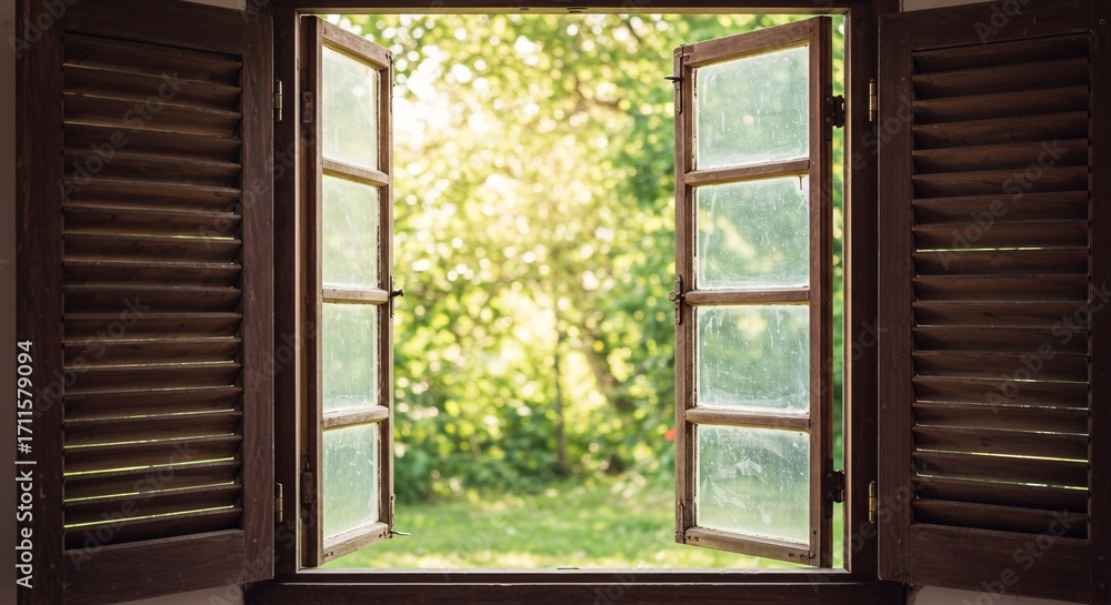 Fototapeta premium Bright Summer Day Light Streaming Through an Open Window to a Lush Green Garden