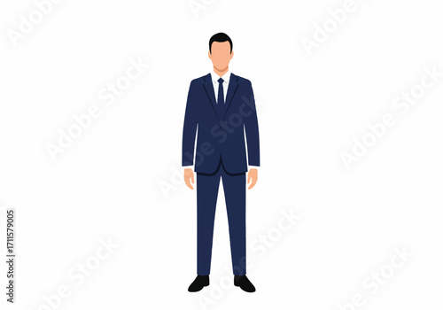 A striking 2D flat vector illustration portrait shows a professional faceless businessman in a sharp suit standing on a clean white background, embodying corporate anonymity.