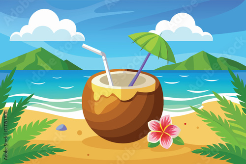 Enjoying a tropical drink in a coconut at a sunny beach with mountains in the background