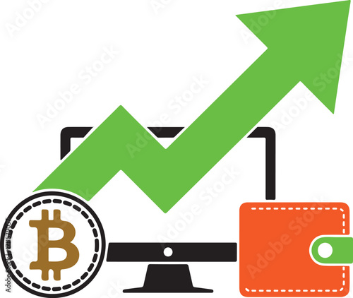 Bitcoin and wallet icons with a computer monitor and an upward trending green arrow symbolizing cryptocurrency growth and investment