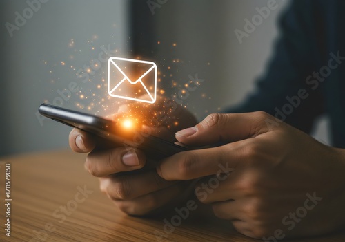 Person holding smartphone with glowing email icon