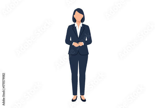 A professional flat 2D vector illustration portrait showcases a faceless businesswoman confidently dressed in formal attire against a clean white background.