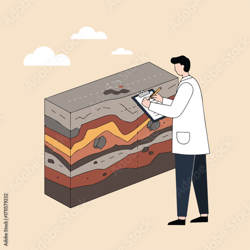 Scientist in white coat studies stratified soil sample and writes on a clipboard outdoors