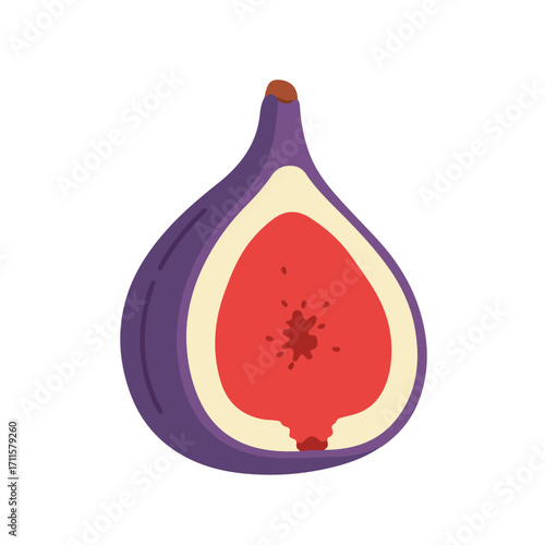 A cut fig illustration features purple skin, tan rind, and deep red center with small seeds