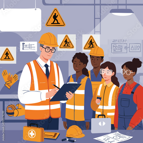 A dedicated supervisor in protective attire educates a diverse team of workers on vital workplace protocols, emphasizing crucial measures for security.