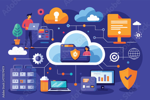 Cloud computing concepts with people interacting in a digital workspace