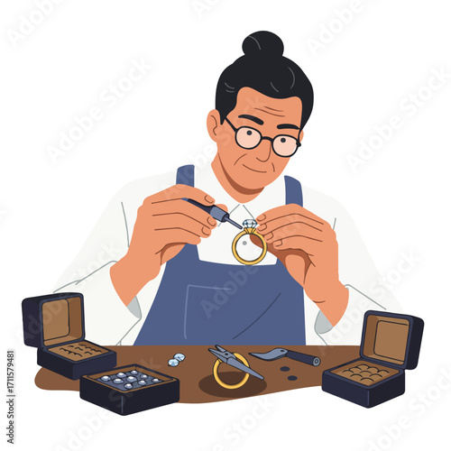 Jeweler meticulously sets a diamond in a gold ring at his workspace with tools and cases