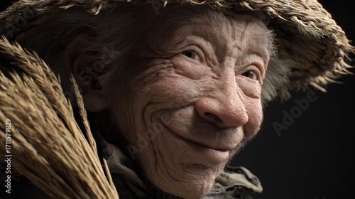Old Woman Wearing Wide Straw Hat Smiling Warmly in Dark Background