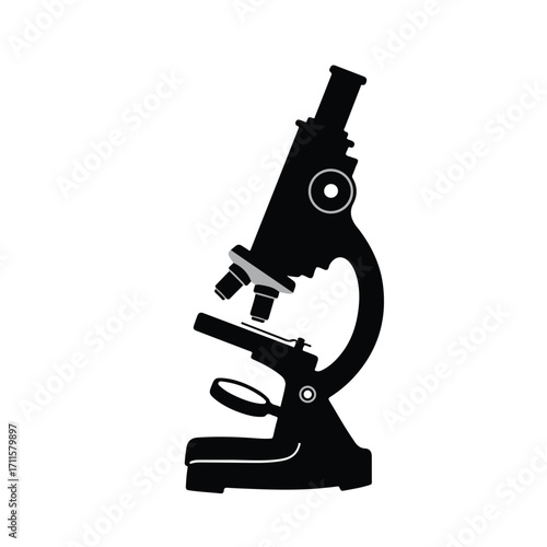 Stylized silhouette of a microscope, showcasing its shape and structure on a white background