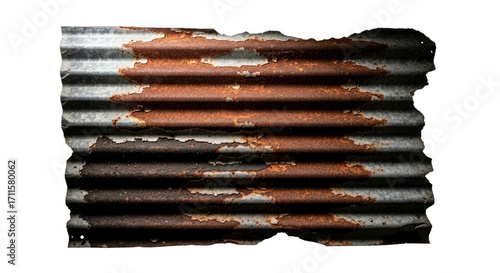 Isolated piece of old, rusty corrugated metal on a white background, highlighting its rough texture, peeling paint, and deep orange-brown corrosion.