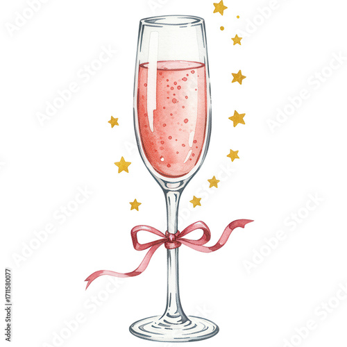 Sparkling pink champagne in glass with ribbon and golden stars  