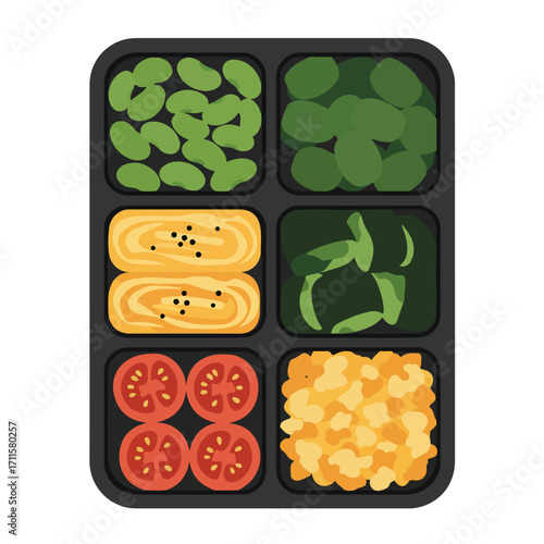Bento box with compartments filled with various foods, in a simple flat illustration