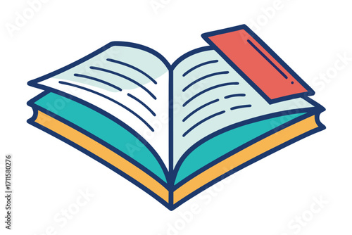 Open book with colorful pages and a bookmark sitting on a flat surface