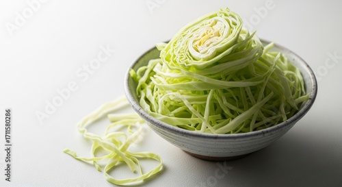 Freshly shredded green cabbage in a rustic bowl on a white background, highlighting its crisp texture and vibrant color. Perfect for healthy cooking.