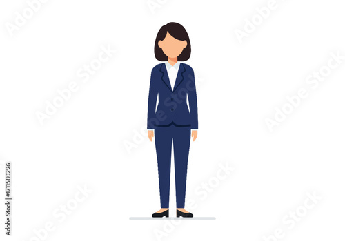 A professional faceless businesswoman in a formal dress is prominently depicted in a clean 2D flat vector illustration portrait, set against a crisp white background.
