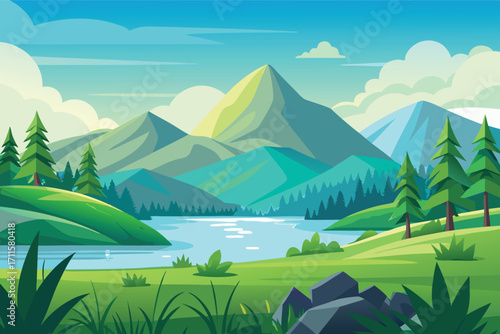 Beautiful mountain landscape with a serene lake under a clear blue sky at midday