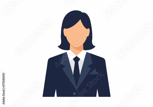 A modern 2D flat vector illustration portrait shows a professional faceless female employee dressed in a stylish blazer, standing confidently against a clean white background.