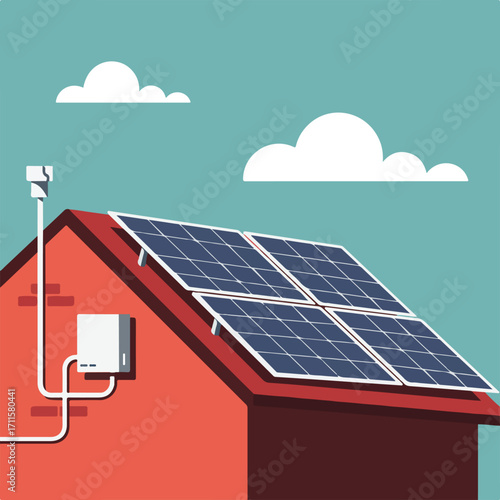 A red-roofed house with solar panels against a blue sky with white clouds, flat-style art