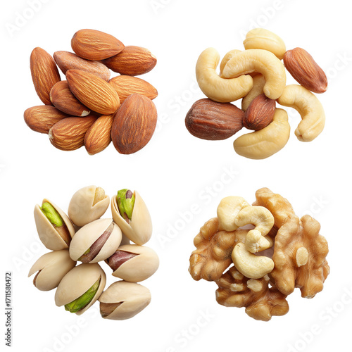 Roasted almond cashew pistachio walnut mix arranged in four clusters, natural texture and warm tones, appetizing snack closeup