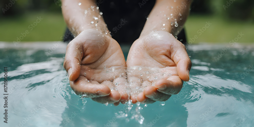 Fototapeta premium Hands holding clean water, World water day banner