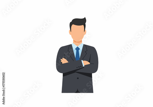 A professional 2D flat vector illustration portrait of a confident faceless male office worker standing with arms crossed against a clean white background.