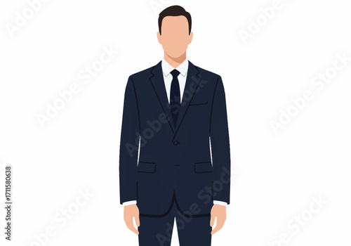 Flat 2D vector illustration portrait of a professional businessman wearing a formal jacket, presenting an anonymous corporate profile on a clean white background.