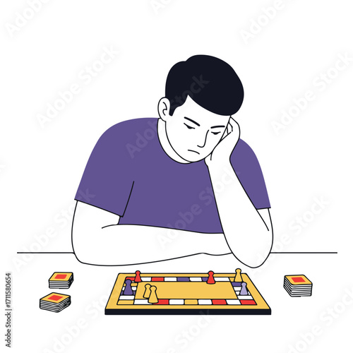 Unhappy person at board game, resting head on hand in disappointment or boredom