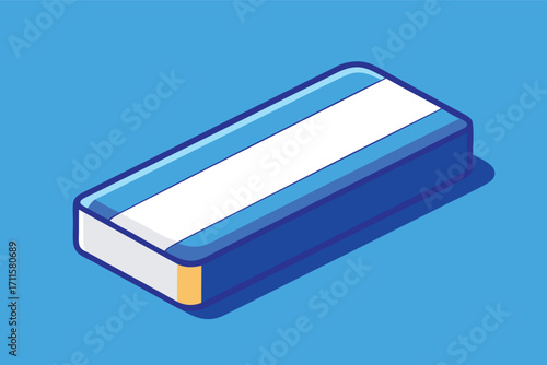 Unique blue and white eraser resting on a bright blue background with a clean design