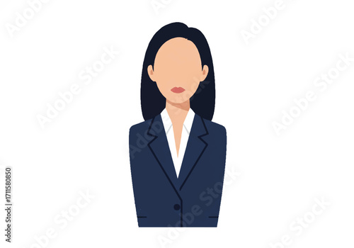 A professional faceless businesswoman in a sleek corporate dress is depicted in a clean flat 2D vector illustration portrait against a pure white background.