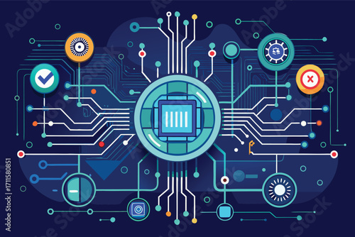 Digital circuit design featuring a central processor and various connection pathways for technology applications