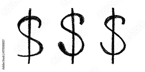 Set of hand drawn dollar currency symbol. Brush stroke doodle. Single element for design