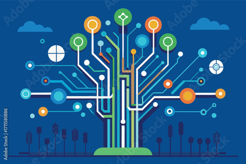 Digital tree design with colorful circuits representing technology and innovation in a modern landscape